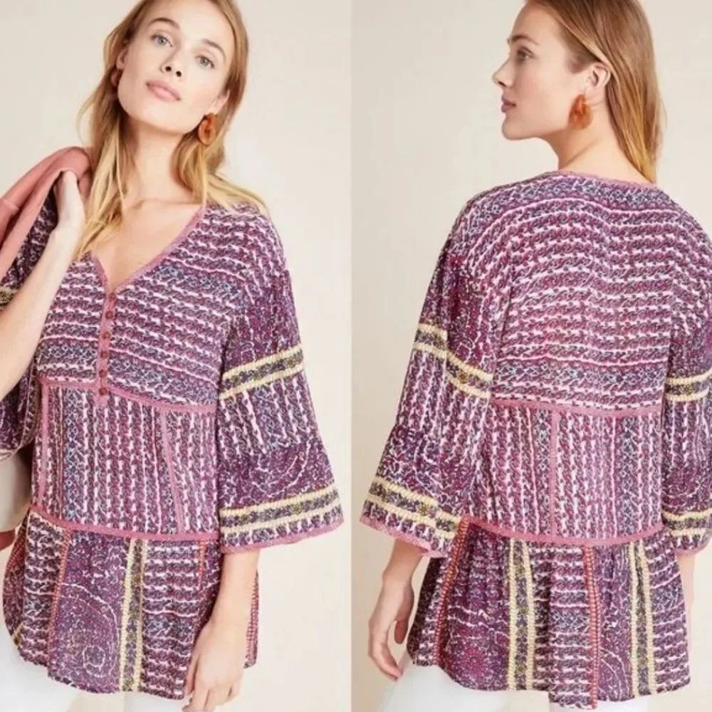 Anthropologie Maeve Silk Pink Black Bell Sleeve V-Neck Tunic Size M